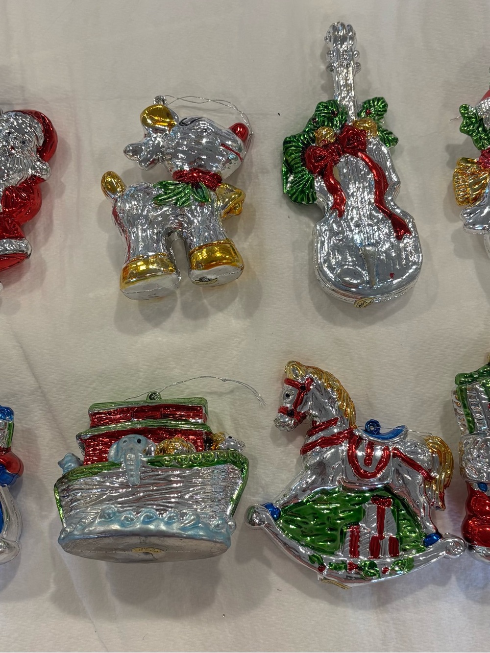 Holiday Glass Ornament Set — Silver & Multicolor Horse, Violin, and Gifts